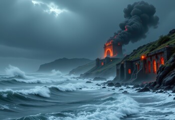 ignoring sustainability, hurricanes worsened by pollution destroy coastlines, no conservation remains, futuristic glowing ruins washed away by relentless angry tides