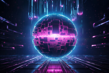 Fototapeta premium A neon sphere of cyberpunk floating in a dark futuristic space.
