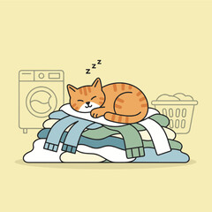 Cat sleeping on folded laundry near washing machine and basket  