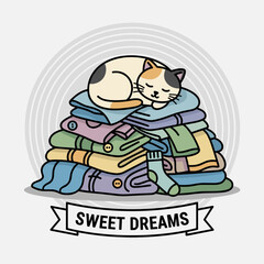 Cat sleeping on laundry colorful pile of folded blankets with text  