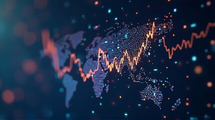 Abstract Digital World Map with Glowing Financial Trend Line Graph