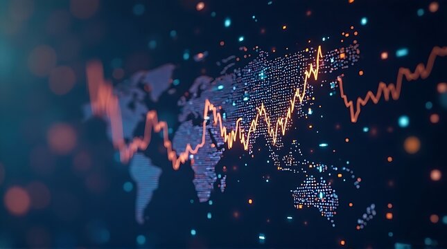 Abstract Digital World Map with Glowing Financial Trend Line Graph