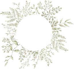 Watercolor delicate frame with wildflowers, plants. Floral frame, botanical wedding invitation. Ethereal leaves and branches