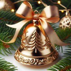 A golden Christmas bell with ribbon isolated on white background .