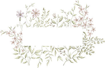 Watercolor delicate frame with wildflowers, plants. Floral frame, botanical wedding invitation. Ethereal leaves and branches
