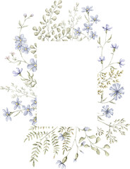 Watercolor delicate frame with wildflowers, plants. Floral frame, botanical wedding invitation. Ethereal leaves and branches