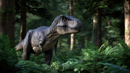 Majestic Dinosaur Roaming Through Lush Green Woods Surrounded by Tall Trees and Vibrant Foliage Evoking a Sense of Adventure and Wonder in Nature