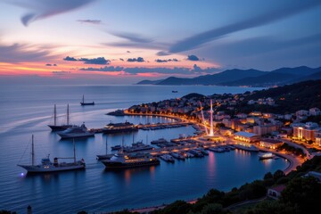 Naklejka premium renewable grids for coastal towns, example of sustainability, no oil pollution, boosting marine conservation, futuristic glowing harbors lit by clean wind and solar energy together
