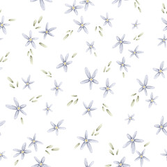 Materiał do szycia Watercolor delicate seamless pattern with wildflowers, plants. Floral, botanical  background. Ethereal leaves and branches