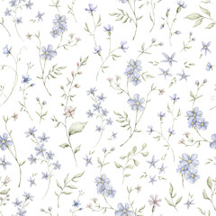 Watercolor delicate seamless pattern with wildflowers, plants. Floral, botanical  background. Ethereal leaves and branches