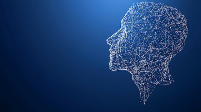 Wireframe human head in profile view composed of interconnected lines and dots against a dark blue background