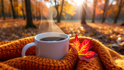 Cozy Autumn Morning: Coffee, Maple Leaf, and Sunlit Forest