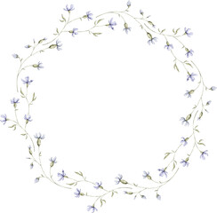 Watercolor delicate wreath with wildflowers, plants. Floral frame, botanical wedding invitation. Ethereal leaves and branches