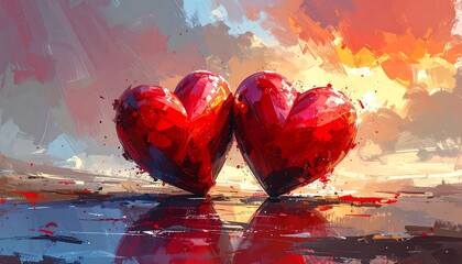 Two vibrant red hearts, sunset sky backdrop