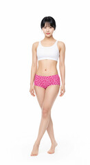 Confident Asian woman in white bra and pink leopard print shorts, showcasing body positivity and wellness. Ideal for fashion, fitness, and beauty.

