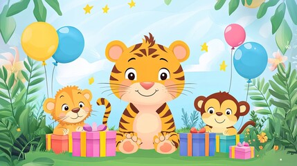 Cute tiger animals birthday celebration