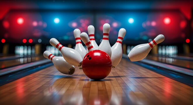Close-up shot of a red bowling ball striking tenpins in a dimly lit bowling alley with vibrant blue and red lighting, capturing the dynamic action and excitement of the