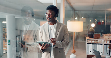 Thinking, headset and tablet with business black man in office for reflection, virtual consultant and review. Online advisor, planning and communication with person in agency for perspective and crm