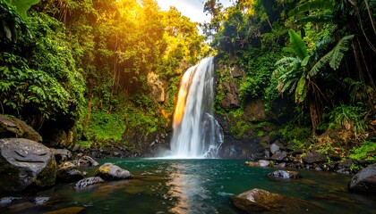 Lush waterfall cascading into a tranquil pool in a dense tropical rainforest