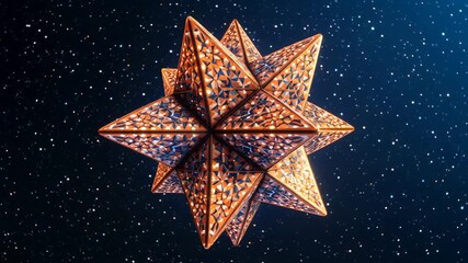A rotating abstract golden star polyhedron with intricate patterns against a cosmic starry background, symbolizing innovation and technology. - Powered by Adobe