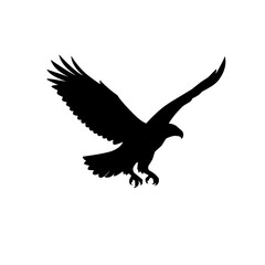 Black silhouette of eagle in flight with wings spread and talons extended. Powerful raptor illustration representing hunting, freedom, and strength in nature