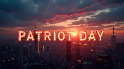 Fototapeta premium Patriot Day Marquee Lights over Dramatic City Sunset Skyline