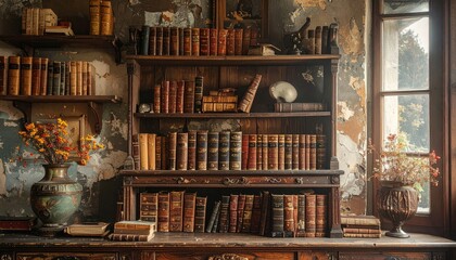 Naklejka premium Antique Bookshelf with Assorted Volumes