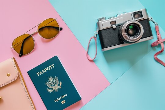 Flat lay of passport, boarding pass, sunglasses and camera on pastel background, travel essentials scene.