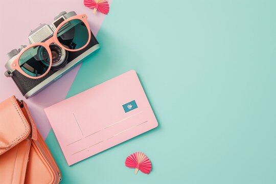 Flat lay of passport, boarding pass, sunglasses and camera on pastel background, travel essentials scene. - Powered by Adobe
