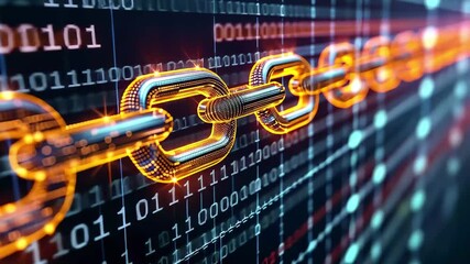 Visual representation of blockchain technology illustrating secure online transactions, highlighting interconnected data in a digital landscape during a futuristic setting - Powered by Adobe