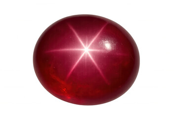 Star ruby cabochon glowing with intense red hue, catching light and revealing deep color saturation against clear luminous surface