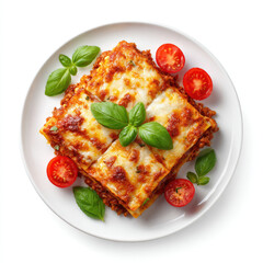 Lasagna dish, topped with melted cheese, served on a plate with fresh basil and cherry tomatoes