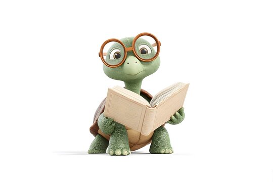 A turtle with oversized glasses reading a giant science encyclopedia, 3d animation, isolated on a white background - Powered by Adobe