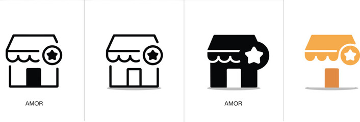 Storefront icons, shop graphics, retail symbol, featured store, star badge, awning design, black and orange, branding icon, small business, commercial UI, stylized shop