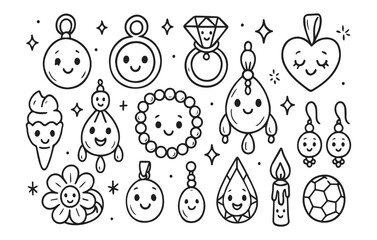 Cute jewelry doodle collection with kawaii faces isolated on transparent background, generative ai