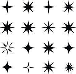 Minimal black starburst shapes collection, geometric retro stars and sparkles for decoration, graphic design, digital art, icon or tattoo elementsMinimal black starburst shapes collection, geom
