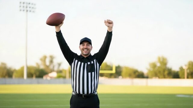 Referee signaling touchdown on football field, with ball held aloft, celebrates scoring play. Referee is happy with call, exhibiting his athleticism. Concept referee for sports advertisement.