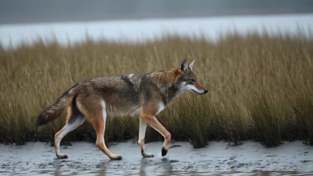 Red wolf trotting across wetland terrain with tall grasses and muddy water, captured in the wild