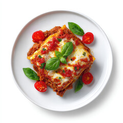 A square portion of lasagna, topped with melted cheese and tomato sauce, garnished with fresh basil and cherry tomatoes, sits on a white plate