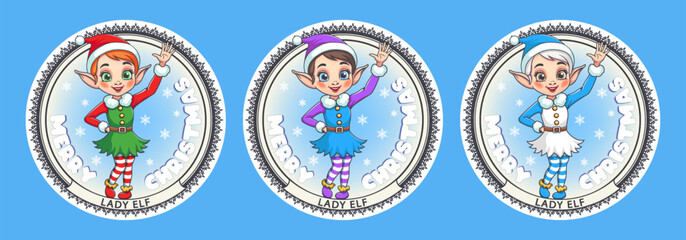 Vector set of round holiday stickers or badges. Cartoon cute beautiful nice young pretty lady girl elf in colorful costumes. Greeting. Merry Christmas and Happy New Year. She helper of Santa Claus