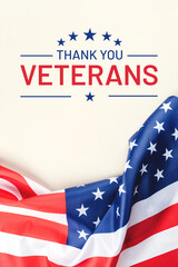 Veterans day. Beige background with American flag. Website banner and greeting card design template.