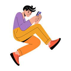 A flat style illustration showing a person using phone 
