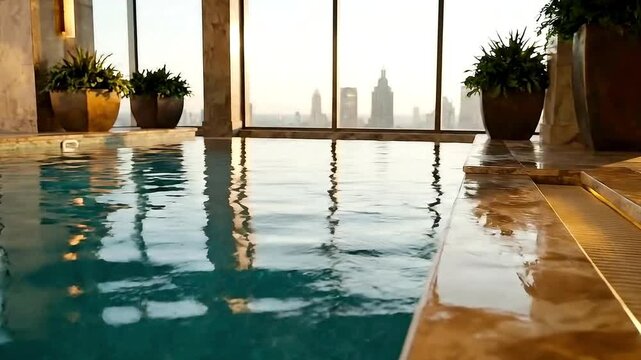 Indoor pool area with plants a city view visible through large windows and marble flooring