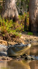 Obraz premium Alligator resting on riverbank