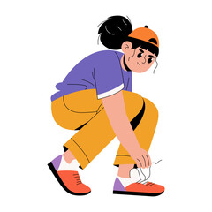A flat style illustration showing a person tying shoes 