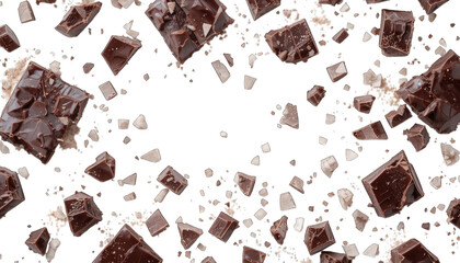 Scattered Dark Chocolate Pieces and Sugar Crystals with Empty Space Keywords: chocolate, dark isolated on a transparent background