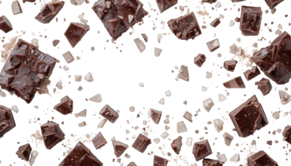 Scattered Dark Chocolate Pieces and Sugar Crystals with Empty Space Keywords: chocolate, dark isolated on a transparent background