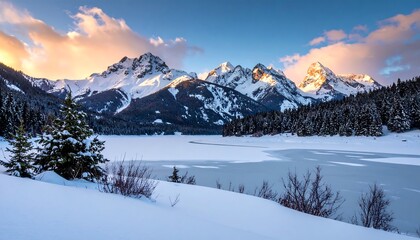 Snowy mountain lake at dawn (1)