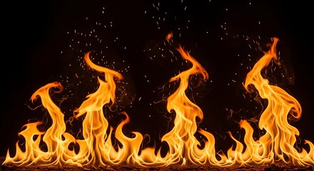 A series of vibrant flames dance against a dark backdrop, creating a fiery scene