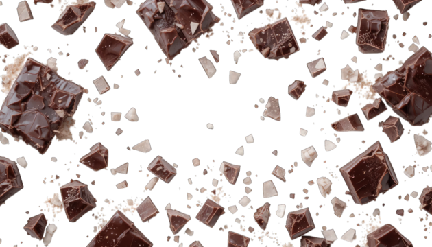 Scattered Dark Chocolate Pieces and Sugar Crystals with Empty Space Keywords: chocolate, dark isolated on a transparent background